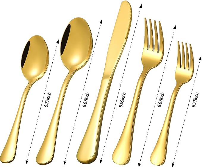 Gold Silverware Set for 12, Compralo 60 Pieces Stainless Steel Shiny Gold - Image 2
