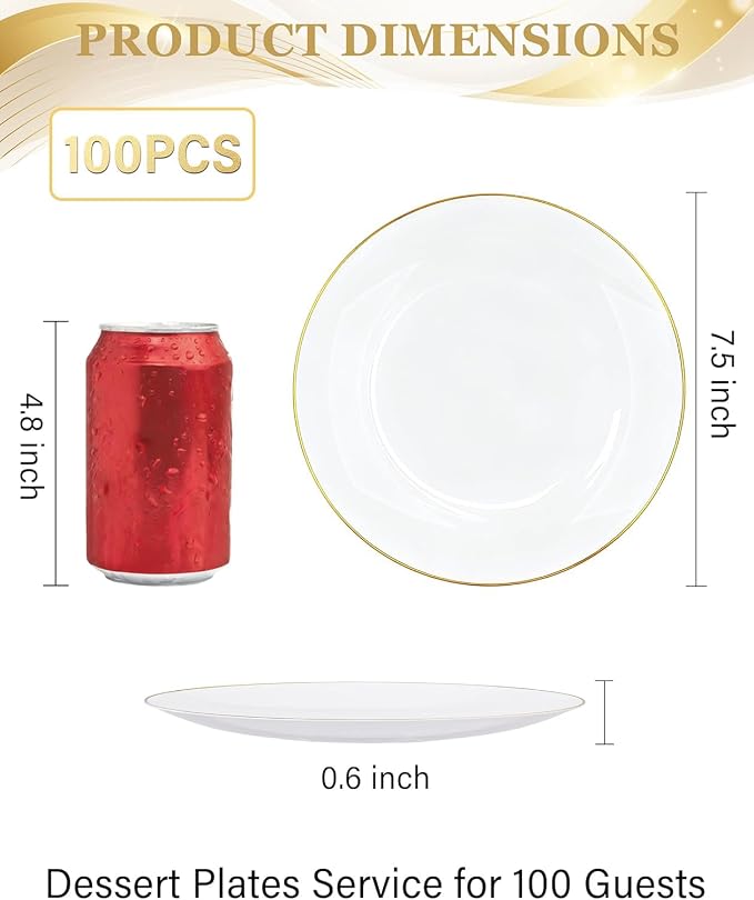Nervure 100PCS White with Gold Rim Plastic Plates, 7.5″ Disposable Plates | - Image 3