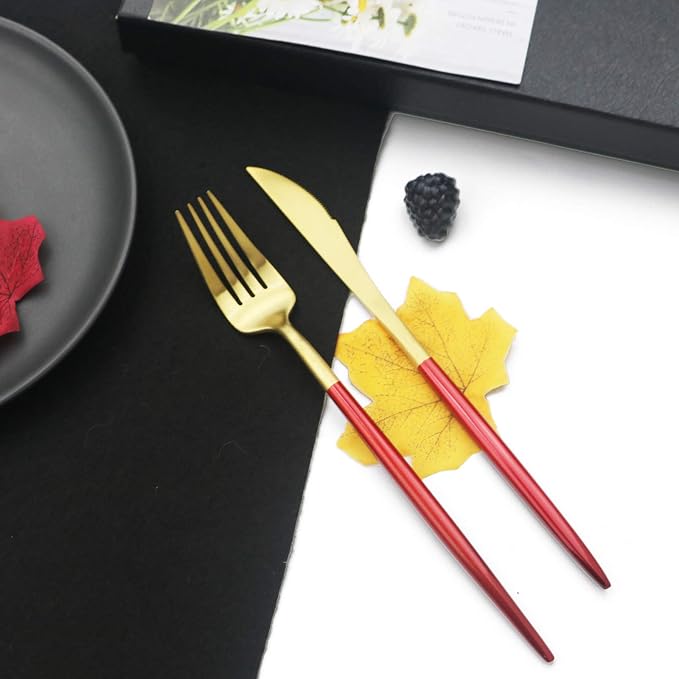 JASHII Luxury 18/10 Red Handle Flatware Gold Silverware Set 304 Stainless Steel - Image 5