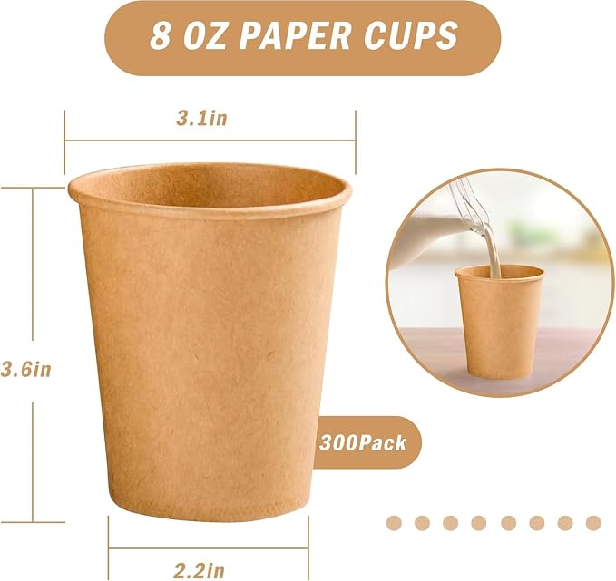 BYSNOW 300 Pack 8 oz Kraft Paper Cups, Disposable Coffee Hot Water Cups | - Image 2