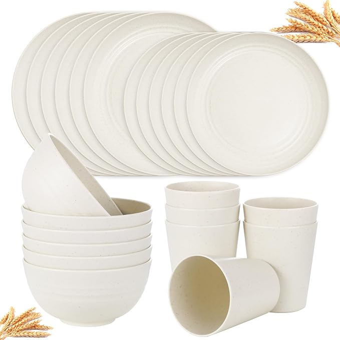24-Piece Beige Wheat Straw Dinnerware Set Unbreakable Plates | Shatterproof by supernal