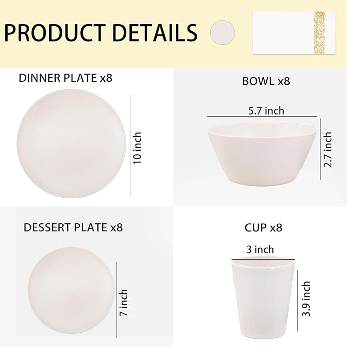 32Pcs Reusable Cream Wheat Straw Dinnerware Plates and Bowls Sets | Unbreakable - Image 7