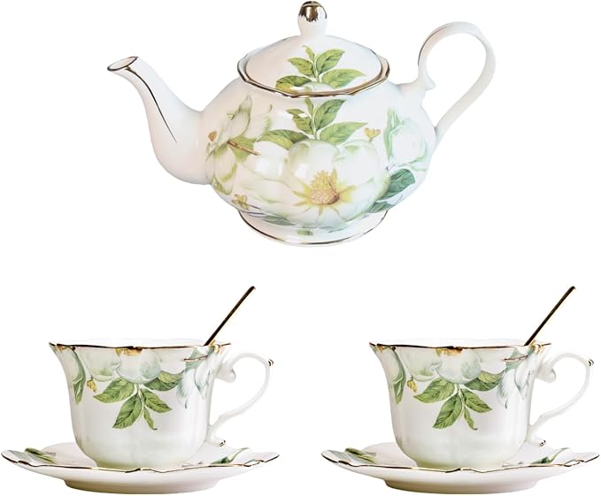 Vintage Porcelain Floral Tea Set — 22oz Teapot + 2 Tea Cup & Saucer Sets + 2 by Unknown