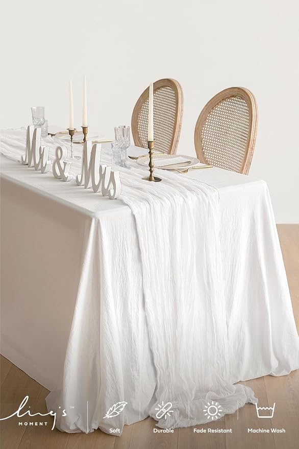 Ling's moment 14Ft x 35" Wide Brilliant White Gauze Semi-Sheer Table Runner - Image 2