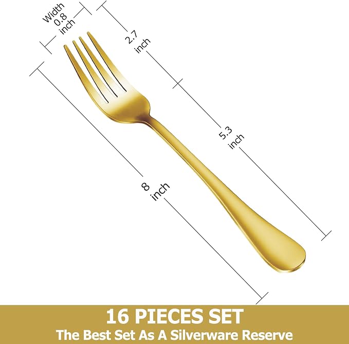 16 Piece Gold Dinner Forks Set, Food-Grade Stainless Steel Silverware Forks - Image 2