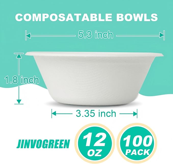JINVOGREEN 100 Count 12 oz Paper Bowls, Disposable Compostable Bowls, Heavy - Image 2
