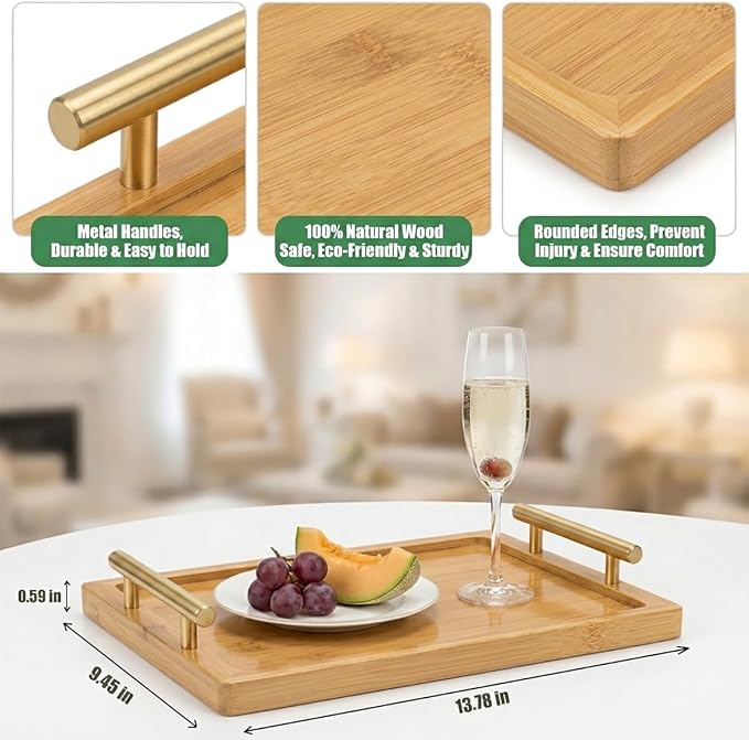 PEKER Wooden Serving Tray with Metal Handles, Ottoman & Home Décor, Wooden Food - Image 2