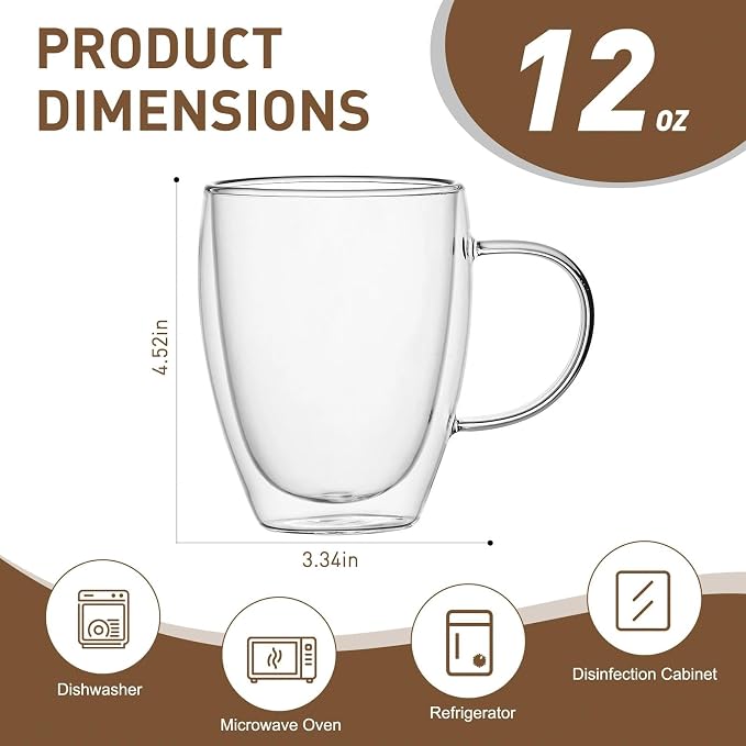 12 Oz Double Walled Glass Coffee Mugs - Image 2