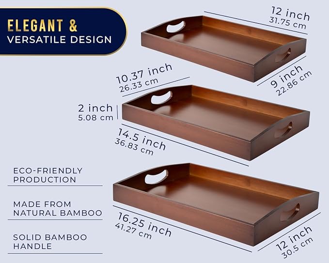 Comfify Dark Brown Bamboo Serving Trays Set of 3 – Nesting Ottoman Trays | - Image 2