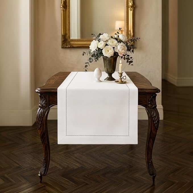 Signature Linen™ by D'Moksha White Table Runner 36 Inches, 100% Pure Linen by DMokshaHomes