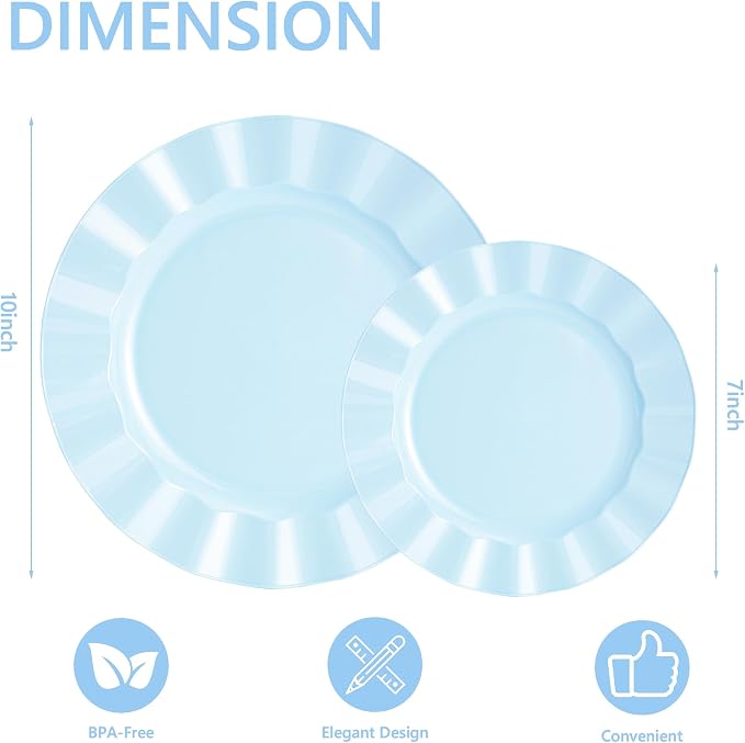 60 Pcs Blue Plates, Wave Edge Design Disposable Plastic Plates | Disposable - Image 2