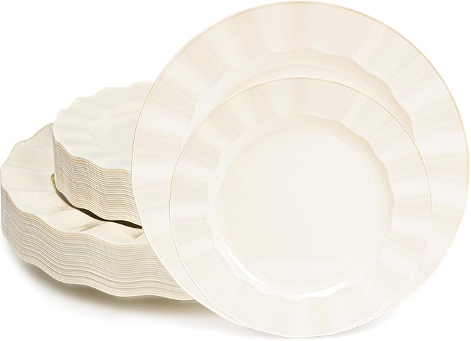 60 Pcs Ivory Plates, Wave Edge Design Disposable Plastic Plates | Disposable by NZVCNTableware