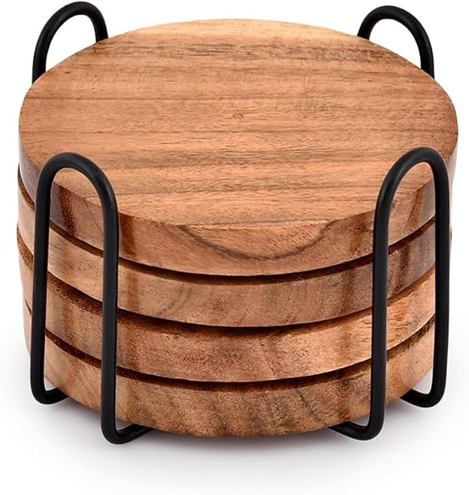 Acacia Wood Coasters with Iron Holder Stand - Image 3