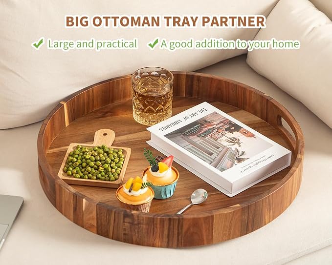 Extra Large Round Ottoman Coffee Table Tray, Huge Wood Serveware Tray - Image 4