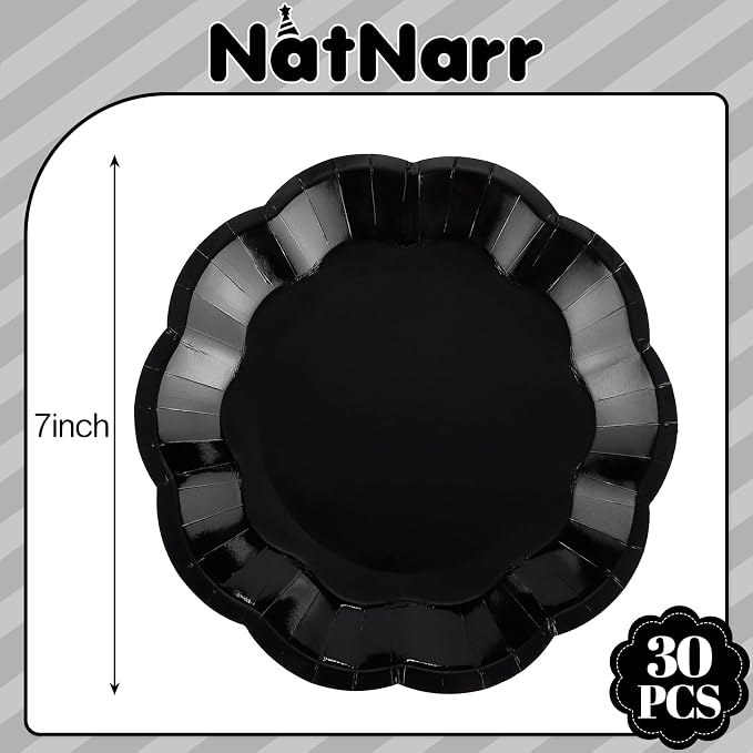 NatNarr 30 Pcs Black Paper Plates, 7 Inch Scalloped Black Plates | Cake Dessert - Image 2