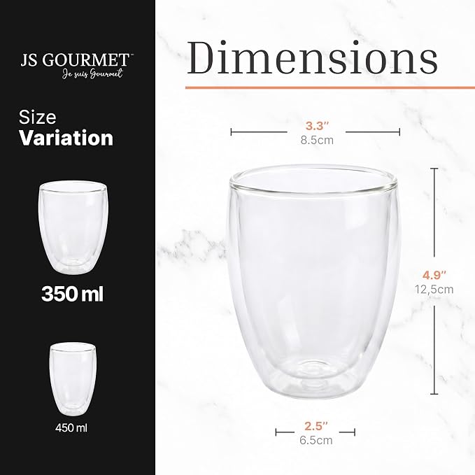 JS Gourmet Double Wall Glass Coffee Mugs Set of 2, 12oz/350ml Borosilicate - Image 3