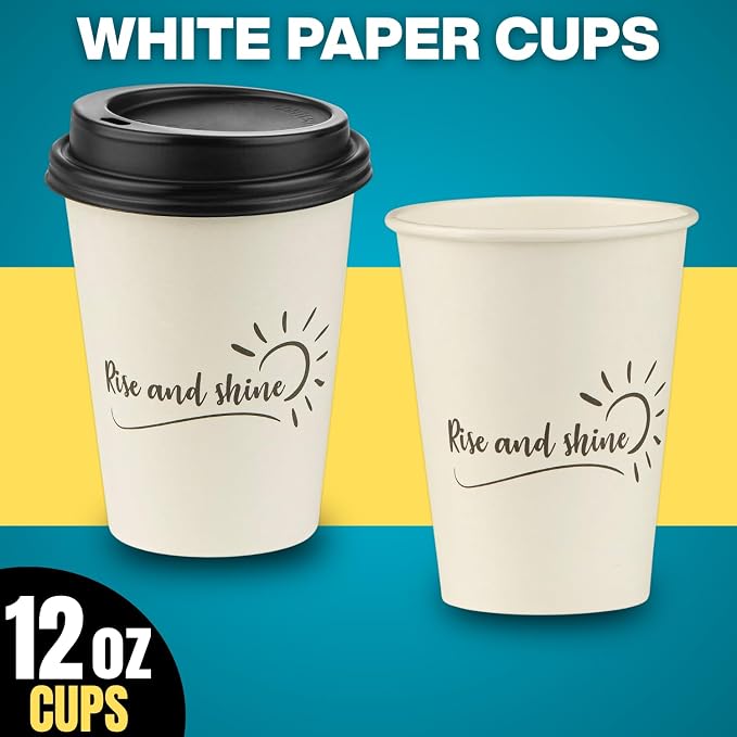 Disposable Coffee Cups with Lids, To Go Paper Hot Cups, Rise and Shine Design - Image 6