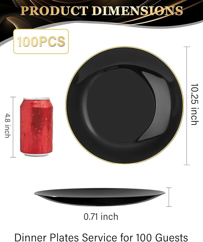 Nervure 100PCS Black and Gold Plastic Plates 10.25″Disposable Dinner Plate | - Image 3