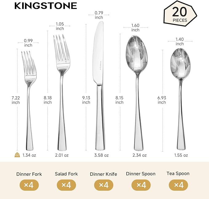18/10 Stainless Steel Flatware, 20-Piece Forged Silverware Set - Image 2