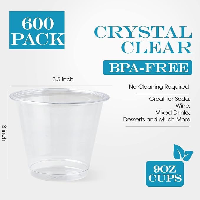 Turbo Bee 600 Pack 9 oz Clear Plastic Cups, Disposable Reusable Tumblers - Image 3
