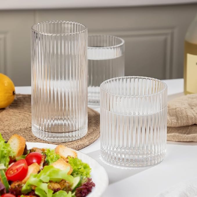 Ribbed Drinking Glasses 8pcs, 12oz and 10oz Glassware, Tumbler Glasses Cup Set - Image 4
