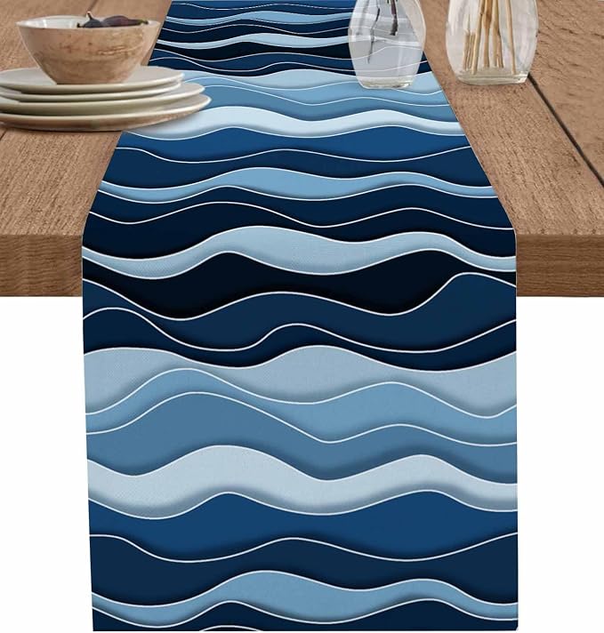 Abstract Blue Moire Table Runners 108 Inches Long, Cotton Linen Fabric Table by Edwiinsa