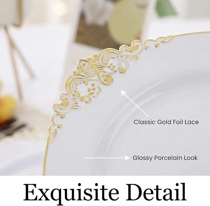 25 Pack 7.5 Inch golden Rim Plastic Plates, Heavy Duty Disposable White Dessert - Image 6