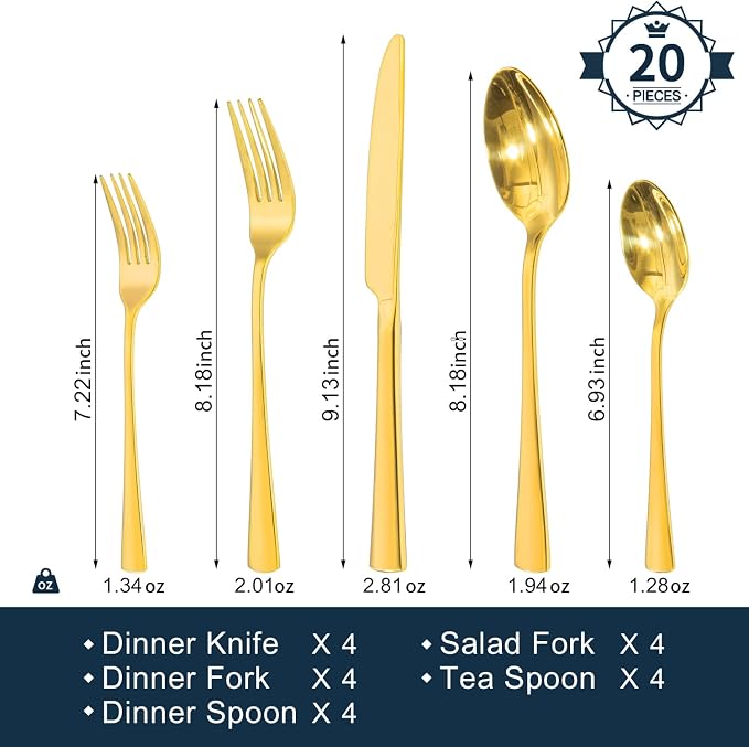 18/10 Flatware set for 4, 20 Piece Gold Stainless Steel Silverware Set | - Image 2