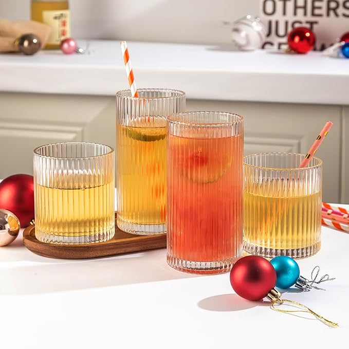 Ribbed Drinking Glasses 6pcs, 12oz and 10oz Glassware, Tumbler Glasses Cup Set - Image 3