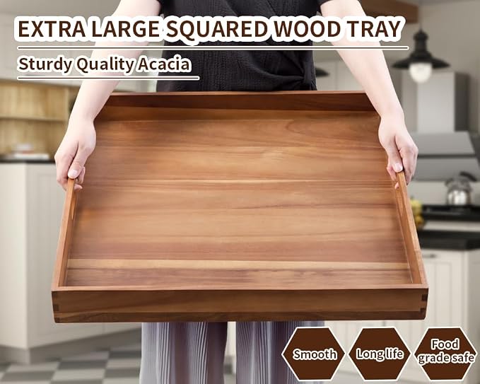 Extra Large Square Wood Tray, Generously 22" Acacia Serving Trays - Image 2