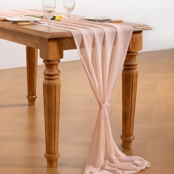 Peach Pink Chiffon Table Runner Summer Boho Wedding Birthday Party Decor | 10ft - Image 4