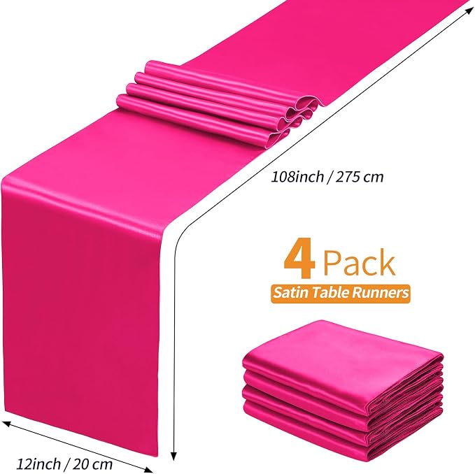 SiinvdaBZX 4 Pcs Hot Pink Satin Table Runner 12 x 108 inches Long | Bright - Image 4