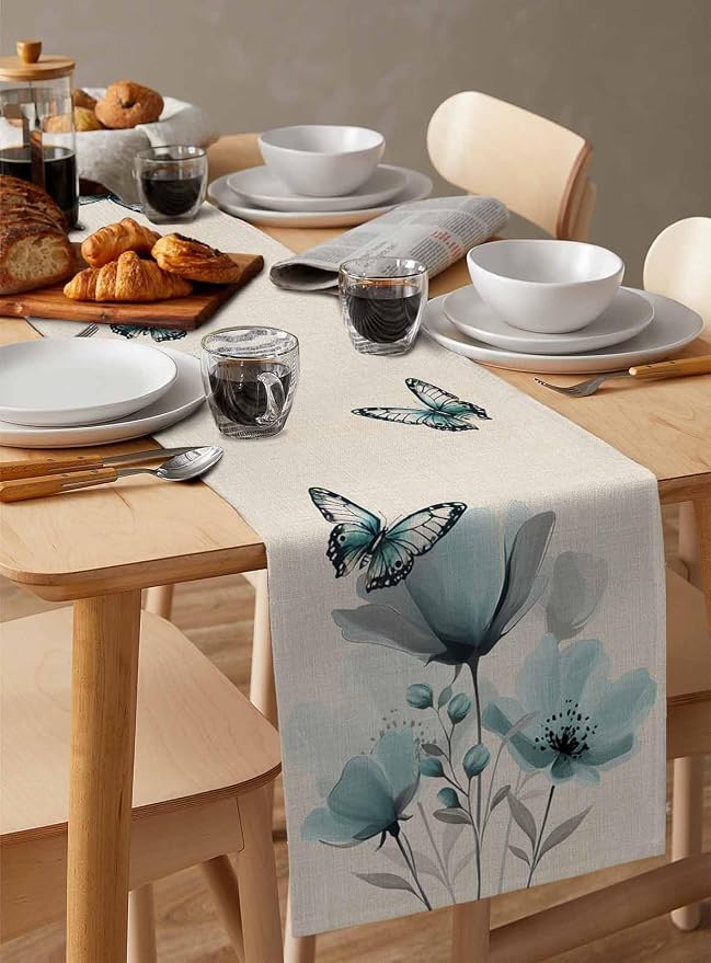 Turquoise Floral Table Runners 70 Inches Long, Spring Flowers Butterfly Table - Image 3