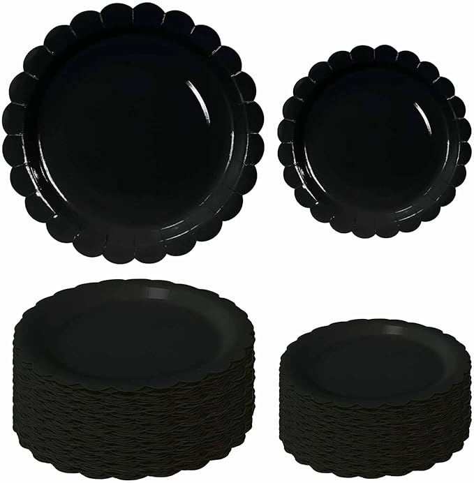 50 Pcs Black Scalloped Paper Plates 25 × 7'' and 25 × 9'' Disposable Black by FALIZIFU