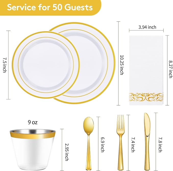 350 Pcs Gold Dinnerware Sets for 50 Guests, Disposable Plate Sets | for Party - Image 4