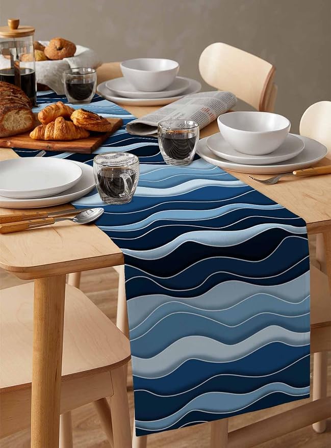 Abstract Blue Moire Table Runners 108 Inches Long, Cotton Linen Fabric Table - Image 3