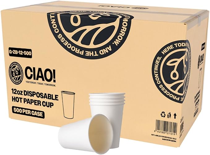 CIAO! 12oz White Paper Hot Cup, Disposable, 90mm Diameter 500 Count by Ciao