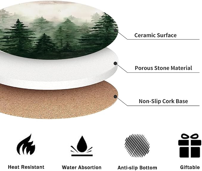 Drink Coasters for Drinks Set of 6, Watercolor Landscape Pine Forest Absorbent - Image 3