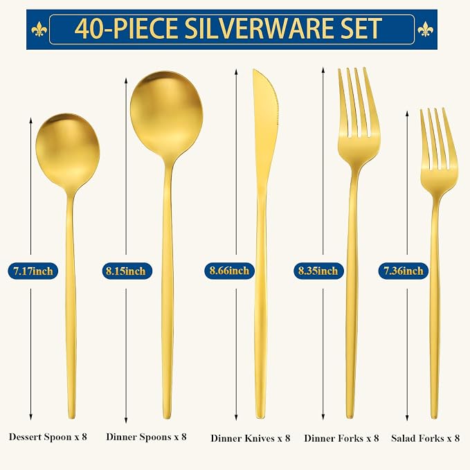 Gold Silverware Set for 8, Stainless Steel Flatware Set, 40-Pieces Cutlery - Image 2