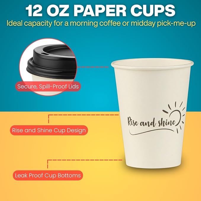 Disposable Coffee Cups with Lids, To Go Paper Hot Cups, Rise and Shine Design - Image 6