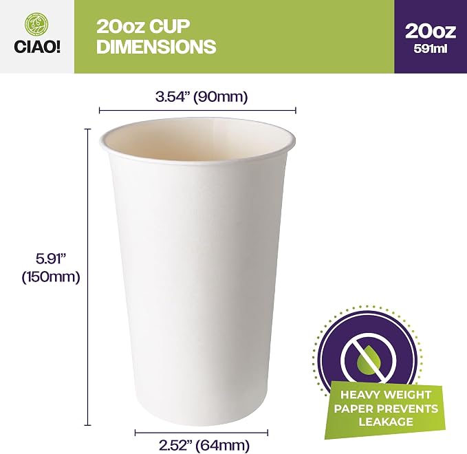 CIAO! 20oz White Paper Hot Cup, Disposable, 90mm Diameter 600 Count - Image 4