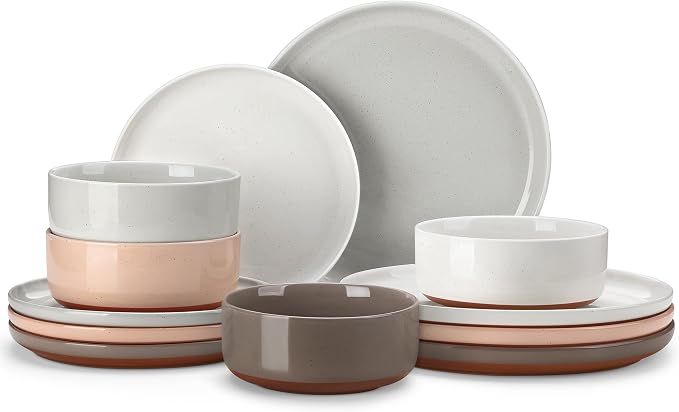 MALACASA Plates and Bowls Sets, 12 Pieces Modern Stoneware Dinnerware Set by MALACASA