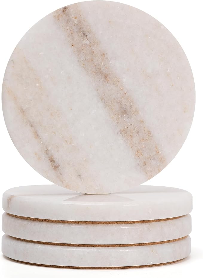 Cream White Marble Coasters Set of 4, Modern Neutral Drink Coaster by YONGHEE