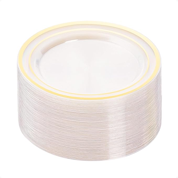 BESTVIP 50Pcs Clear Gold Plastic Plates, 10.25 Inch Disposable Plates | Heavy by Bestvip