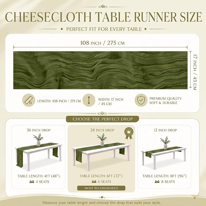 12 Pack Olive Green Cheesecloth Table Runner 17x108 Inch Boho Rustic Semi Sheer - Image 3