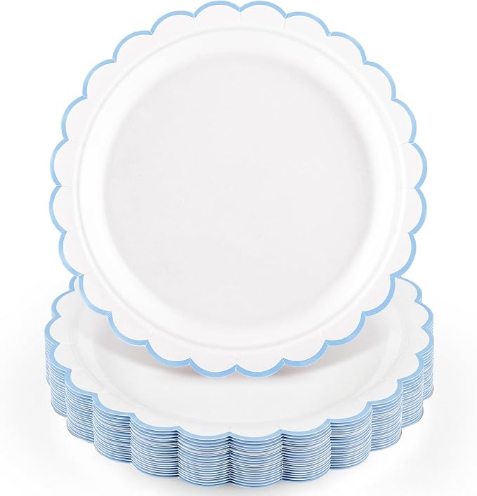 NatNarr 30 Pcs Light Blue Plates 9" Scalloped Blue and White Dessert Plates | by NatNarr