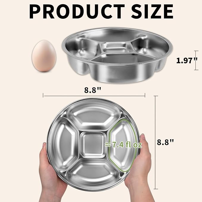 5 Compartments Stainless Steel Kids Plates | 8.8'' Round Metal Toddler Divided - Image 2