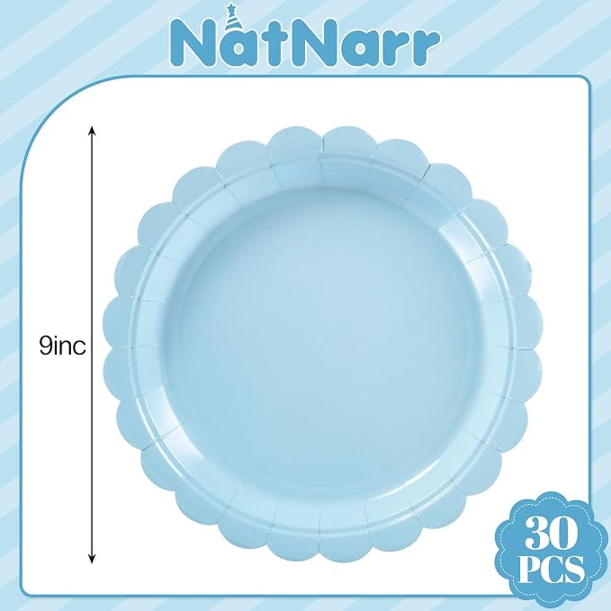 NatNarr 30 Pk Light Blue Plates 9" Disposable Scalloped Blue Paper Plates | - Image 2