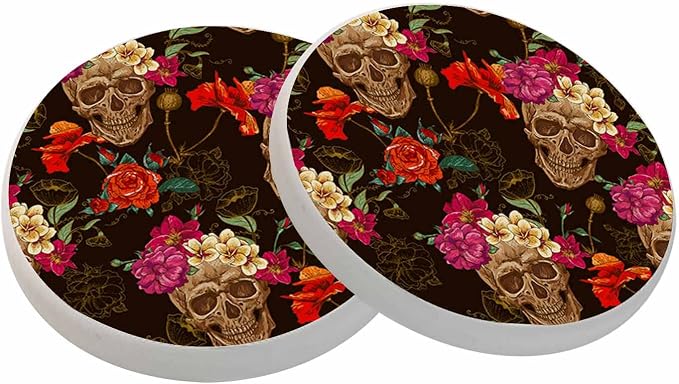 oFloral Skull Coasters for Drinks Rose Flower Bloom Folk Culture Festival Cups by oFloral