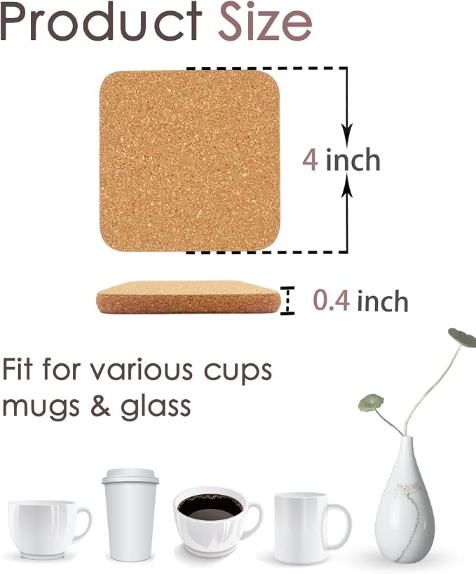 Cork Coasters for Drinks, 4 x 4 Inches | High Density Thick Fine Particle Cork - Image 3